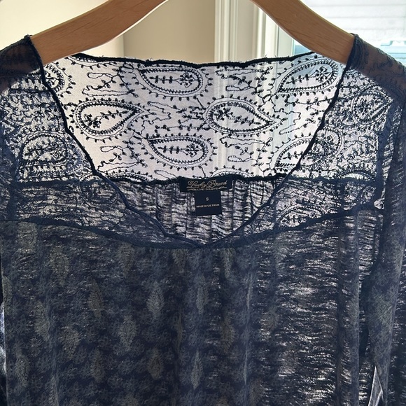 Lucky Brand Peasant Blouse w Sheer Mesh Lace Bodice & Sleeves Navy  & Sage Green - Picture 8 of 10